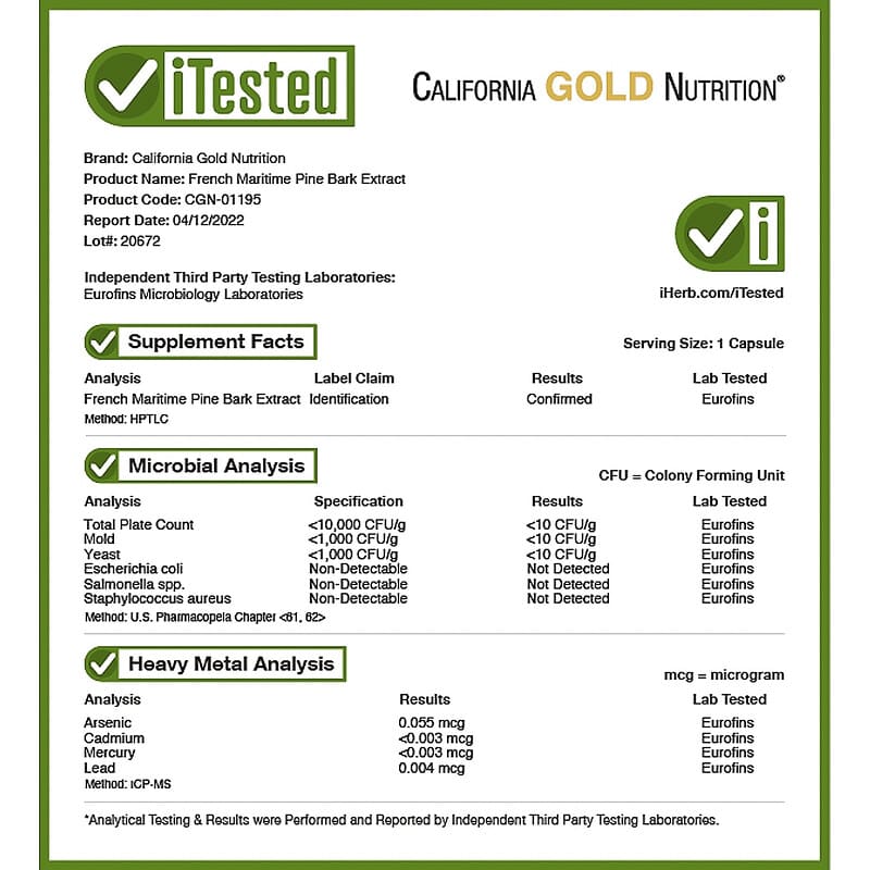 California Gold Nutrition, French Maritime Pine Bark Extract, Oligopin, 100 mg, 60 Veggie Capsules 898220011957