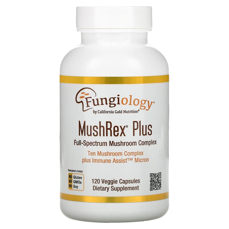 California Gold Nutrition Fungiology MushRex Plus Full-Spectrum Mushroom Complex Certified Organic Immune Assist Micron 120 Veggie Capsules 898220012589
