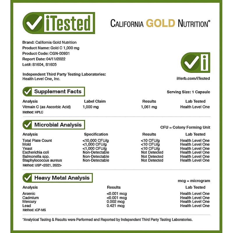 California Gold Nutrition, Gold C, USP Grade Vitamin C, 1,000 mg, 60 Veggie Capsules 898220009312