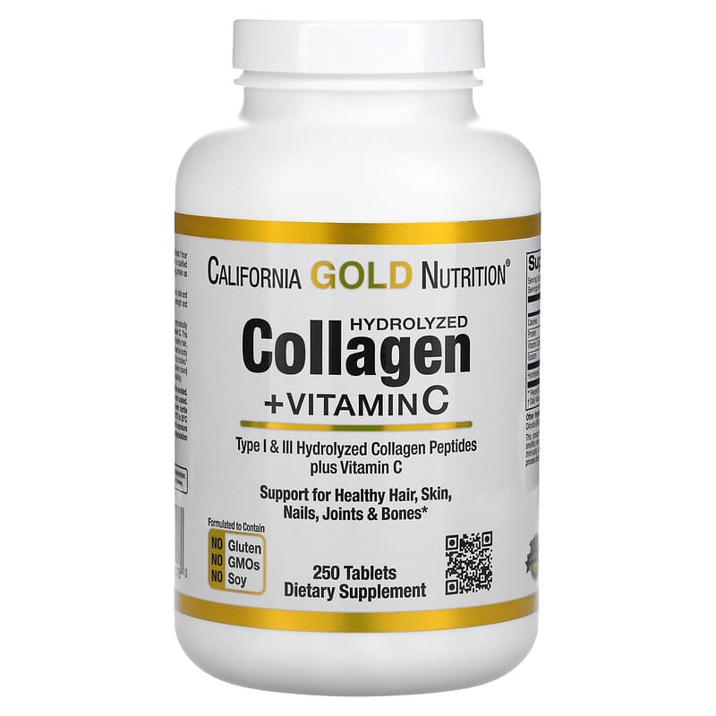 California Gold Nutrition Hydrolyzed Collagen Peptides + Vitamin C Type I & III 250 Tablets 898220011780