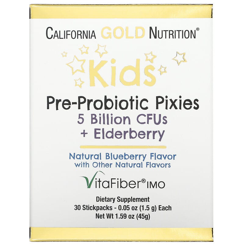 California Gold Nutrition Kids Pre-Probiotic Pixies 5 Billion CFUs + Elderberry Natural Blueberry Flavor 30 Packets 0.05 oz (1.5 g) Each 898220018536