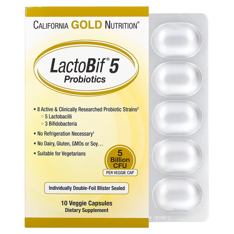California Gold Nutrition LactoBif 5 Probiotics 5 Billion CFU 10 Veggie Capsules 898220009640