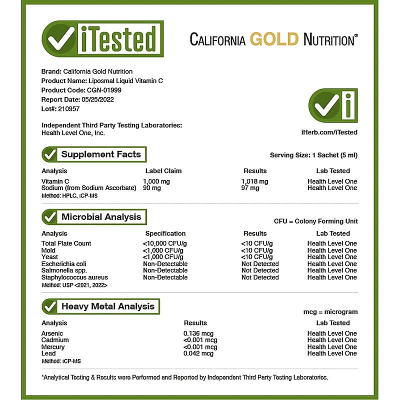 California Gold Nutrition, Liposomal Liquid Vitamin C, Unflavored, 1000 mg, 30 Sachets, 0.17 fl oz  (5 ml) Each 898220019991