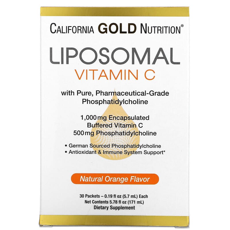 California Gold Nutrition Liposomal Vitamin C Natural Orange Flavor 1000 mg 30 Packets 0.2 oz (5.7 ml) Each 898220010721