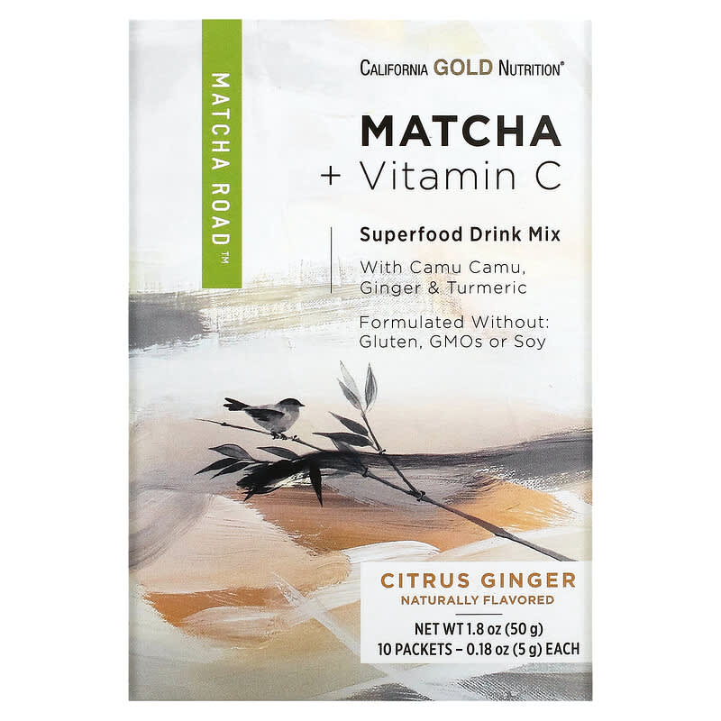 California Gold Nutrition MATCHA ROAD Matcha + Vitamin C - Citrus Ginger 10 Count 898220021604