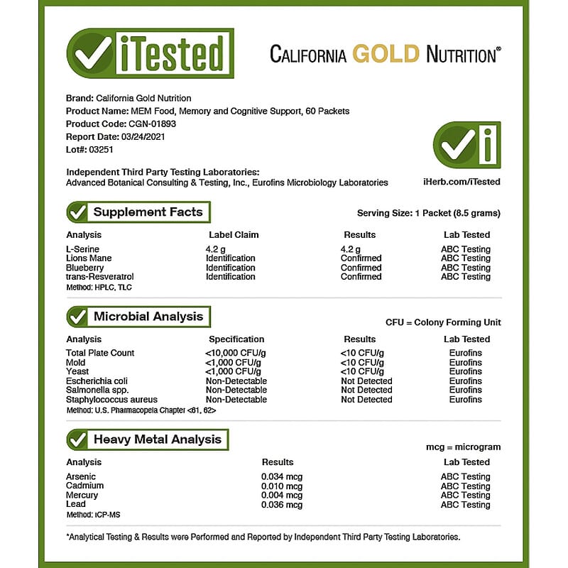 California Gold Nutrition, MEM Food, Memory & Cognitive Support, 60 Packets, 0.3 oz (8.5 g) Each 898220018932