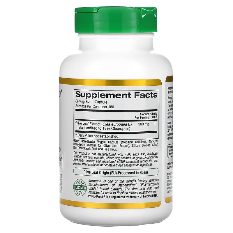 California Gold Nutrition, Olive Leaf Extract, EuroHerbs, European Quality, 500 mg, 180 Veggie Capsules 898220012824