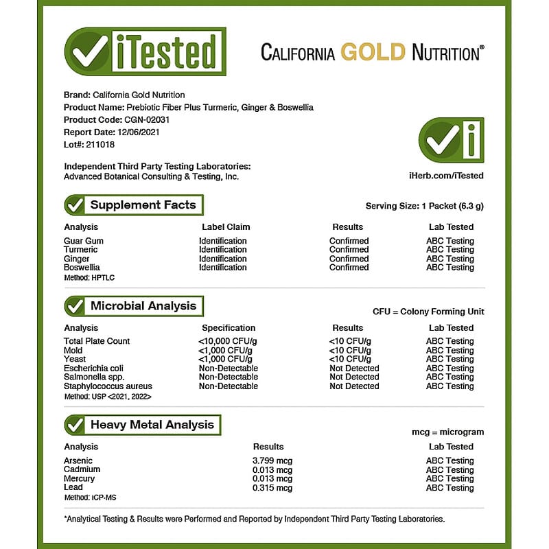 California Gold Nutrition, Prebiotic Fiber Plus Turmeric, Ginger, & Boswellia, 3 Packets, 0.22 oz (6.3 g) Each 898220020317