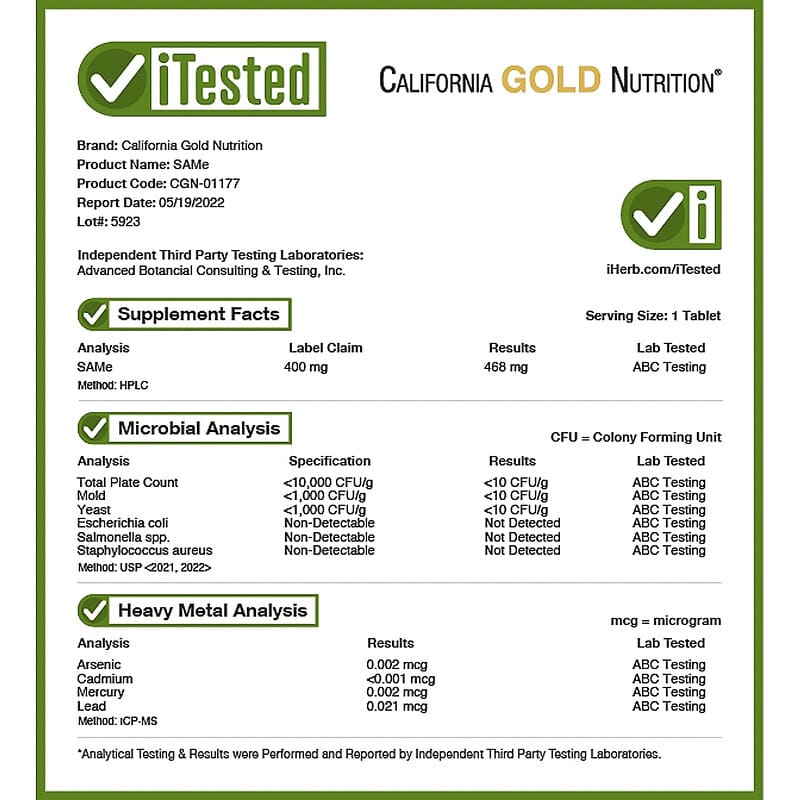 California Gold Nutrition, SAMe (Butanedisulfonate), 400 mg, 60 Enteric Coated Tablets 898220011773