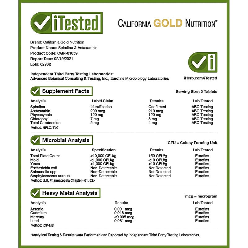 California Gold Nutrition, Spirulina AstaBlue Complex, 180 Tablets 898220018598