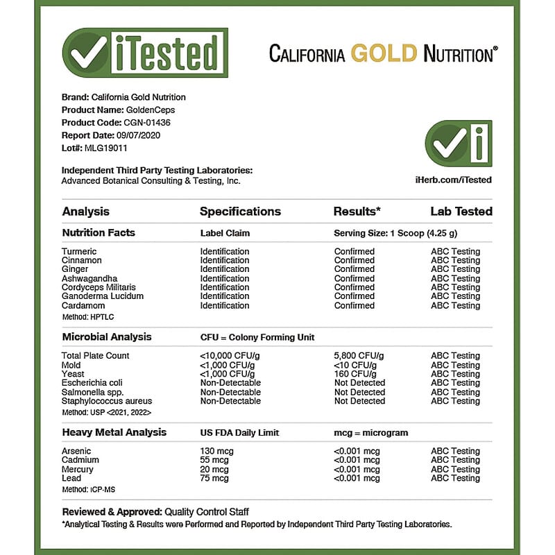 California Gold Nutrition, SUPERFOODS - GoldenCeps, Organic Turmeric with Adaptogens, 4 oz (114 g) 898220014361