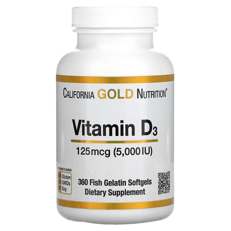 California Gold Nutrition Vitamin D3 125 mcg (5,000 IU) 360 Fish Gelatin Softgels 898220010660