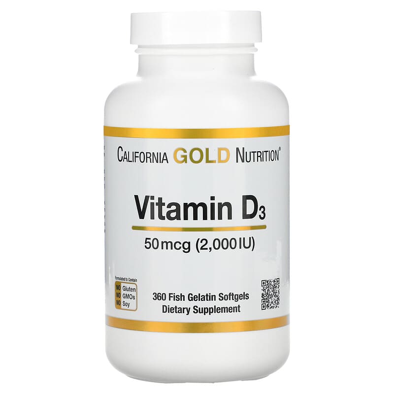 California Gold Nutrition Vitamin D3 50 mcg (2,000 IU) 360 Fish Gelatin Softgels 898220011803