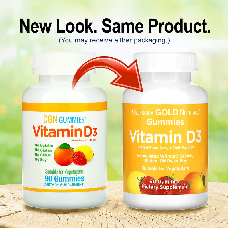California Gold Nutrition, Vitamin D3 Gummies, No Gelatin, No Gluten, Mixed Berry & Fruit Flavors, 25 mcg (1,000 IU), 90 Gummies 898220011964