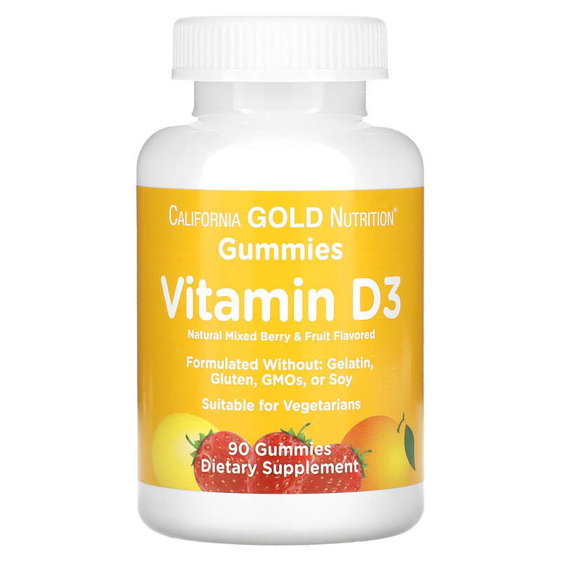 California Gold Nutrition Vitamin D3 Gummies No Gelatin No Gluten Mixed Berry & Fruit Flavors 25 mcg (1,000 IU) 90 Gummies 898220011964