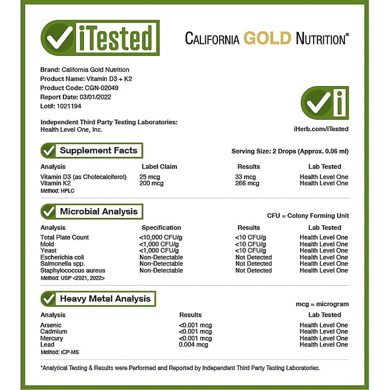 California Gold Nutrition, Vitamin D3 + K2,  25 mcg (1,000 IU), 1 fl oz (30 ml) 898220020492