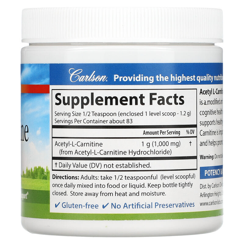 Carlson, Acetyl L-Carnitine Powder, Free-Form Amino Acid, 3.53 oz (100 g) 88395079252