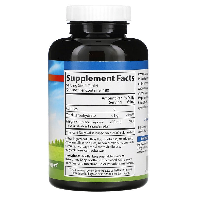 Carlson, Chelated Magnesium Glycinate, 200 mg, 180 Tablets 88395056123
