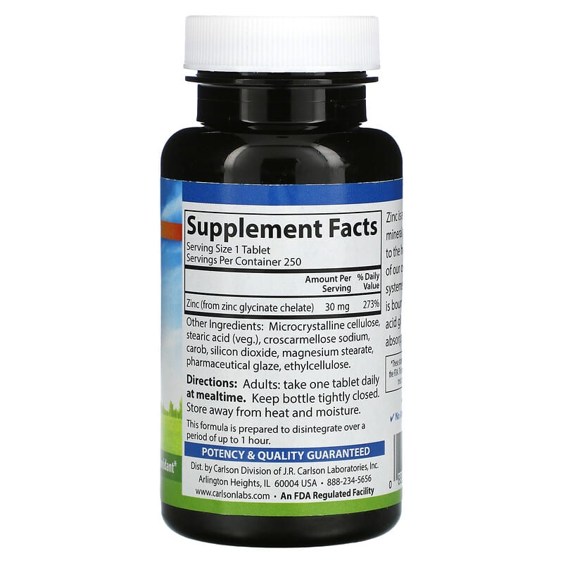 Carlson, Chelated Zinc, 30 mg, 250 Tablets 88395057724