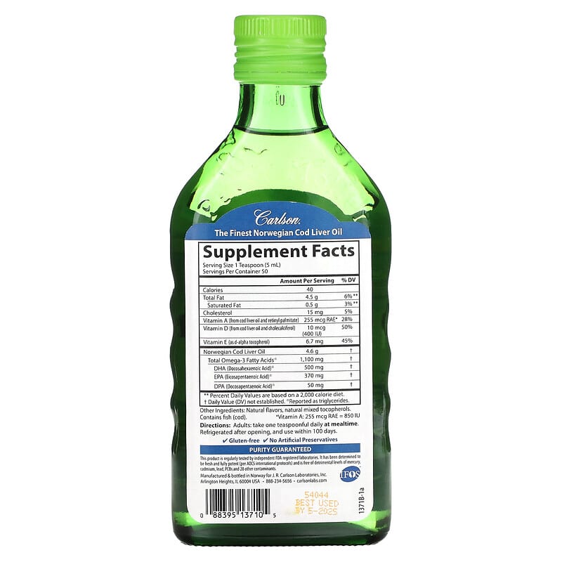 Carlson, Cod Liver Oil, Natural Green Apple , 1,100 mg, 8.4 fl oz (250 ml) 88395137105