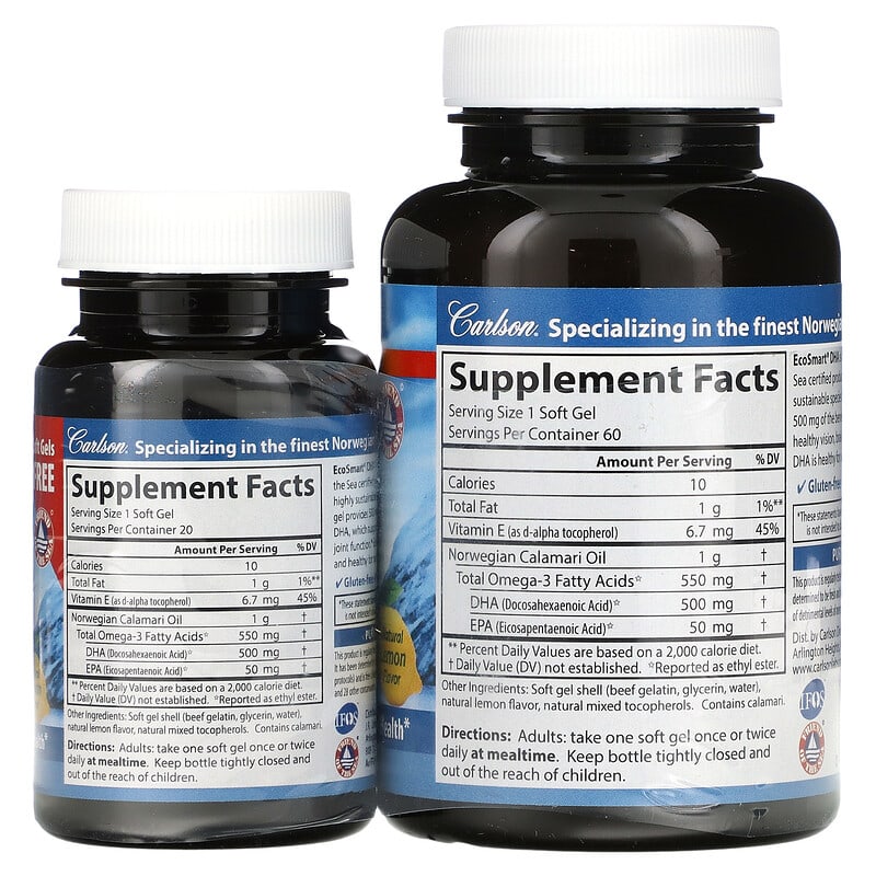 Carlson, EcoSmart DHA, Natural Lemon, 60 Soft Gels + 20 Soft Gels 88395018145