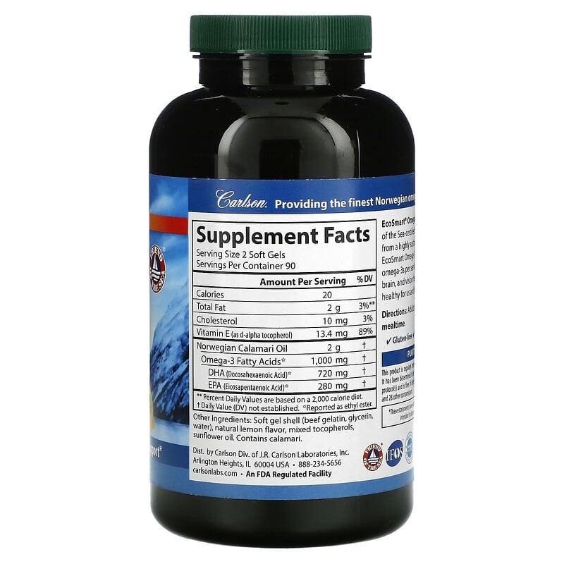 Carlson, EcoSmart Omega-3, Natural Lemon, 500 mg, 180 Soft Gels 88395018022