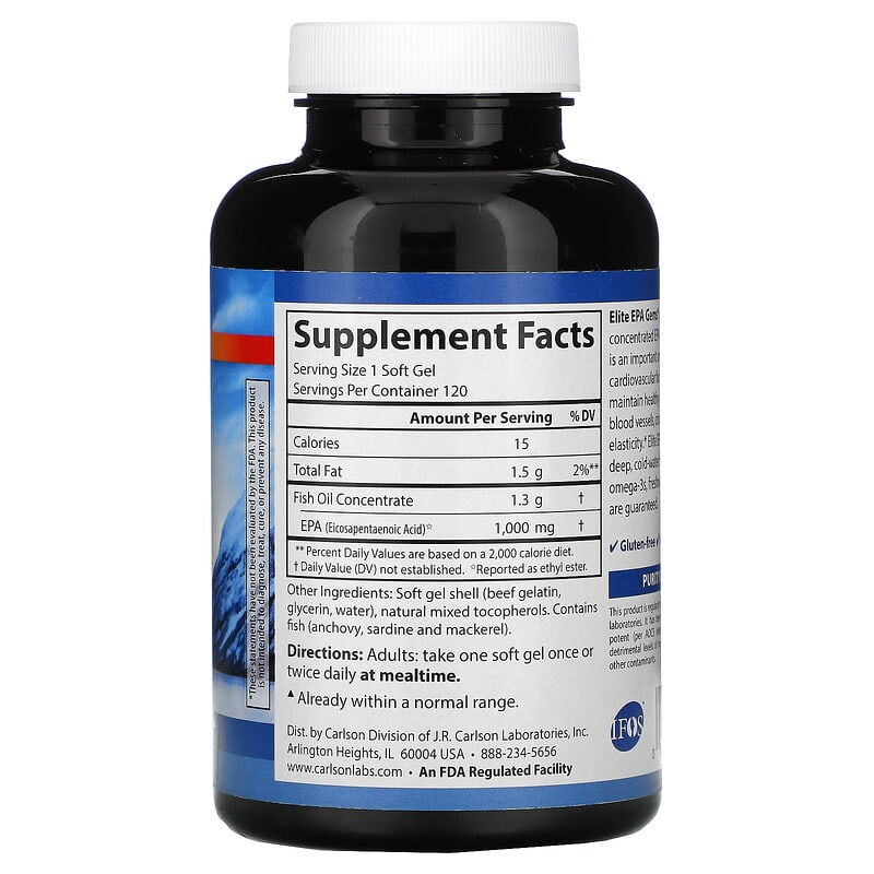 Carlson, Elite EPA Gems, 1,000 mg, 120 Soft Gels 88395016813