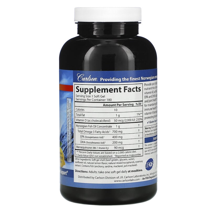 Carlson, Elite Omega-3 Plus D & K, Natural Lemon Flavor, 180 Soft Gels 88395175206