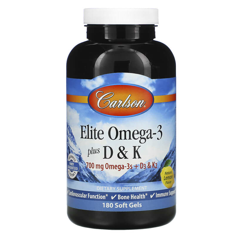 Carlson Elite Omega-3 Plus D & K Natural Lemon Flavor 180 Soft Gels 88395175206