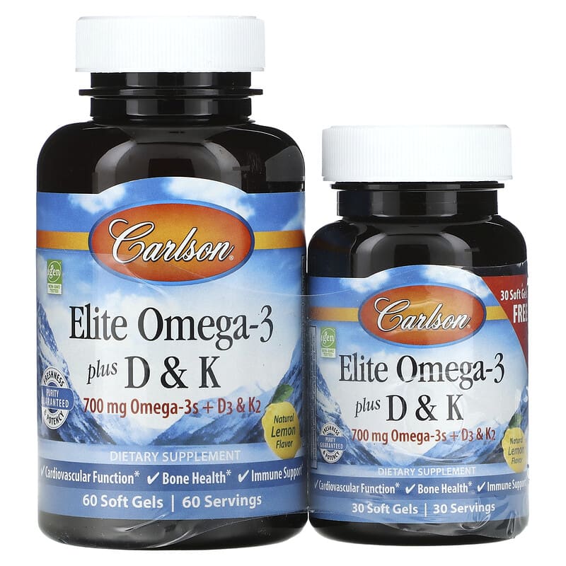 Carlson Elite Omega-3 Plus D & K Natural Lemon Flavor 60 + 30 Free Soft Gels 88395175404