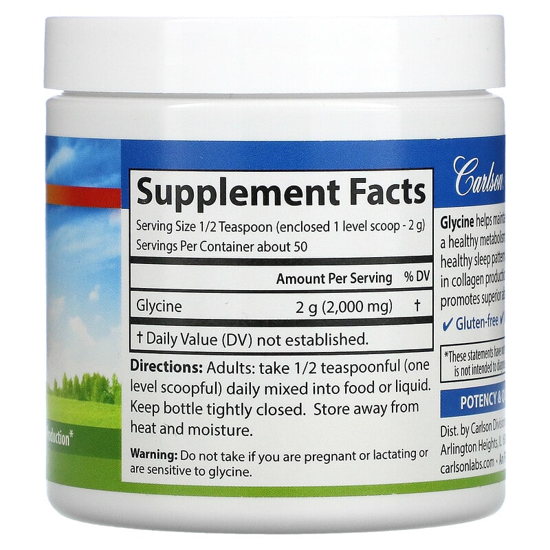 Carlson, Glycine Powder, Free Form Amino Acid, 3.53 oz (100 g) 88395068355