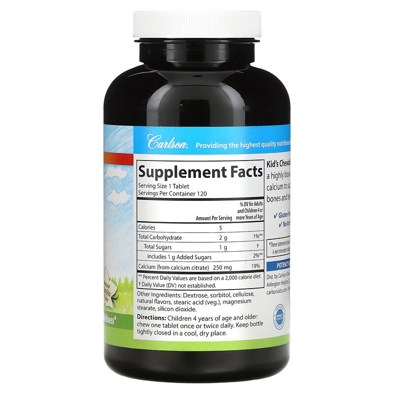 Carlson, Kid's, Chewable Calcium, Natural Vanilla, 250 mg, 120 Tablets 88395050848