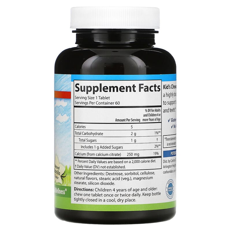 Carlson, Kid's, Chewable Calcium, Natural Vanilla, 250 mg, 60 Tablets 88395050831