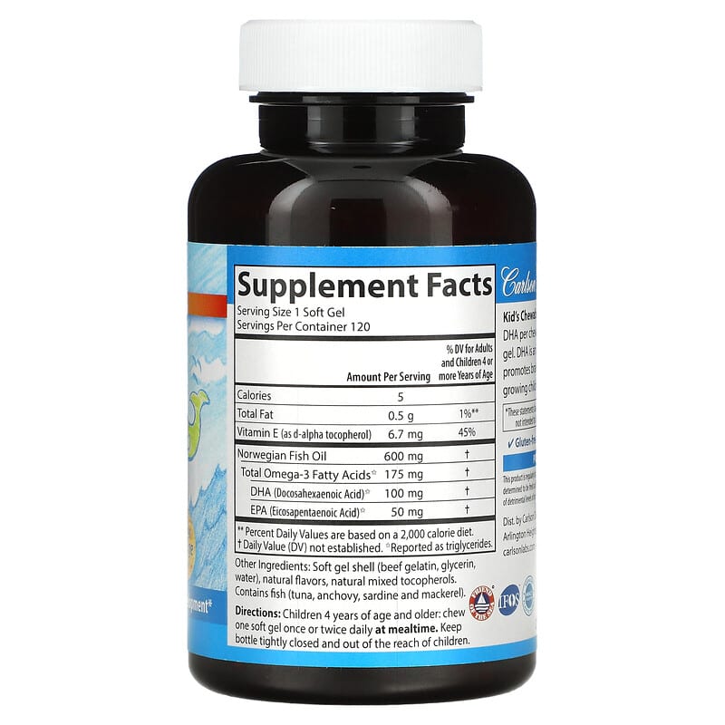 Carlson, Kid's Chewable DHA, Bursting Orange , 100 mg, 120 Soft Gels 88395015717