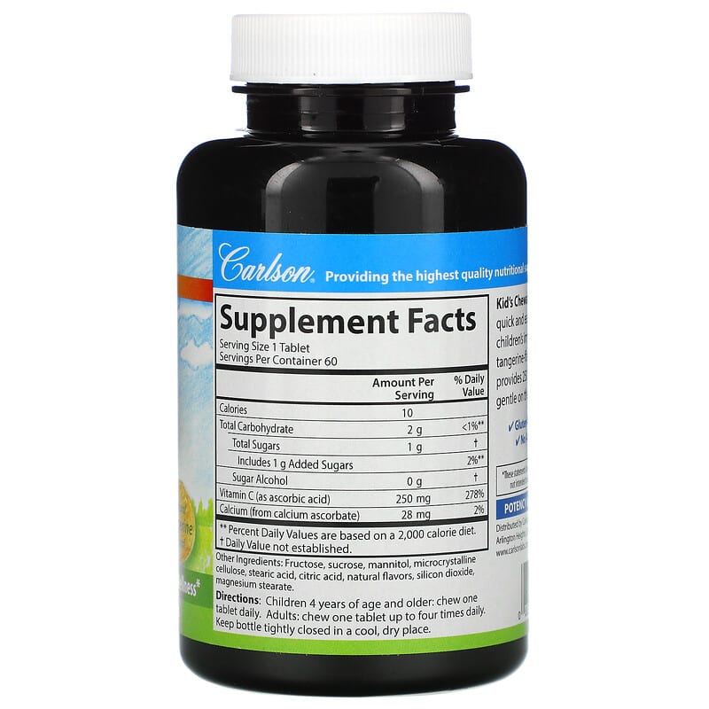 Carlson, Kid's, Chewable Vitamin C, Natural Tangerine , 250 mg, 60 Vegetarian Tablets 88395031007