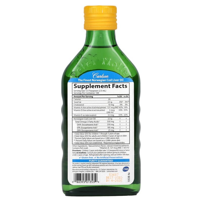 Carlson, Kid's Norwegian, Cod Liver Oil, Natural Lemon , 8.4 fl oz (250 ml) 88395013539