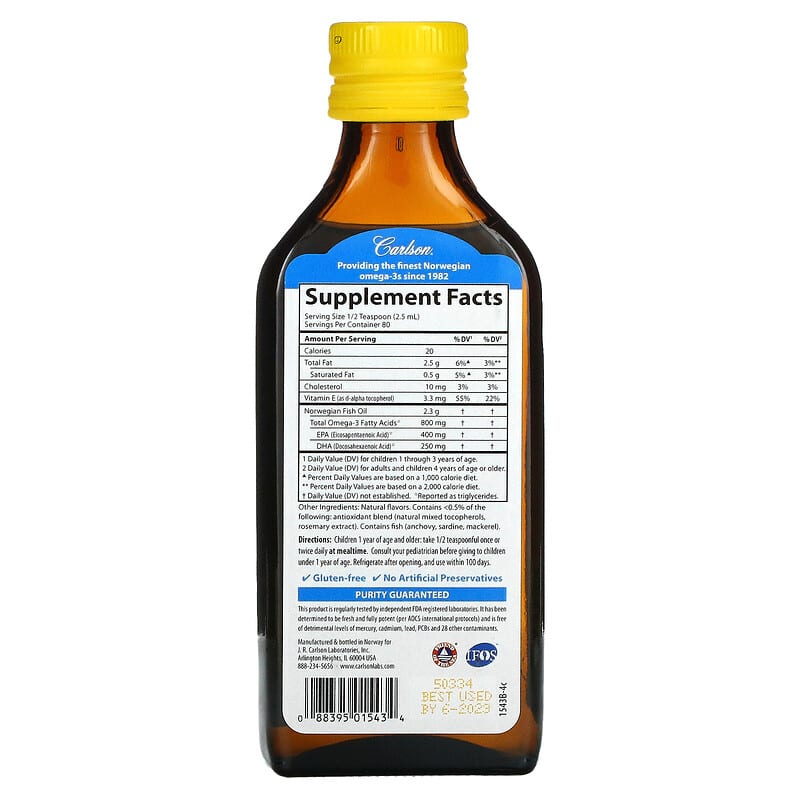 Carlson, Kid's Norwegian, The Very Finest Fish Oil, Natural Lemon, 800 mg, 6.7 fl oz (200 ml) 88395015434