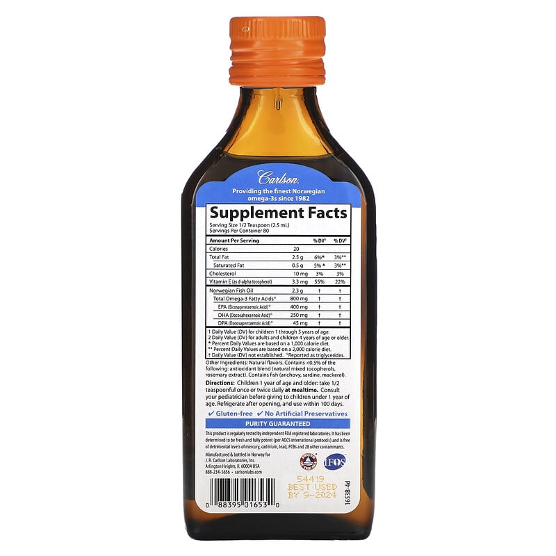 Carlson, Kid's Norwegian, The Very Finest Fish Oil, Natural Orange , 800 mg, 6.7 fl oz (200 ml) 88395016530