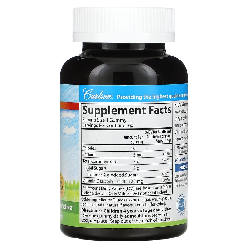 Carlson, Kid's Vitamin C Gummies, Natural Orange, 125 mg, 60 Vegetarian Gummies 88395490309