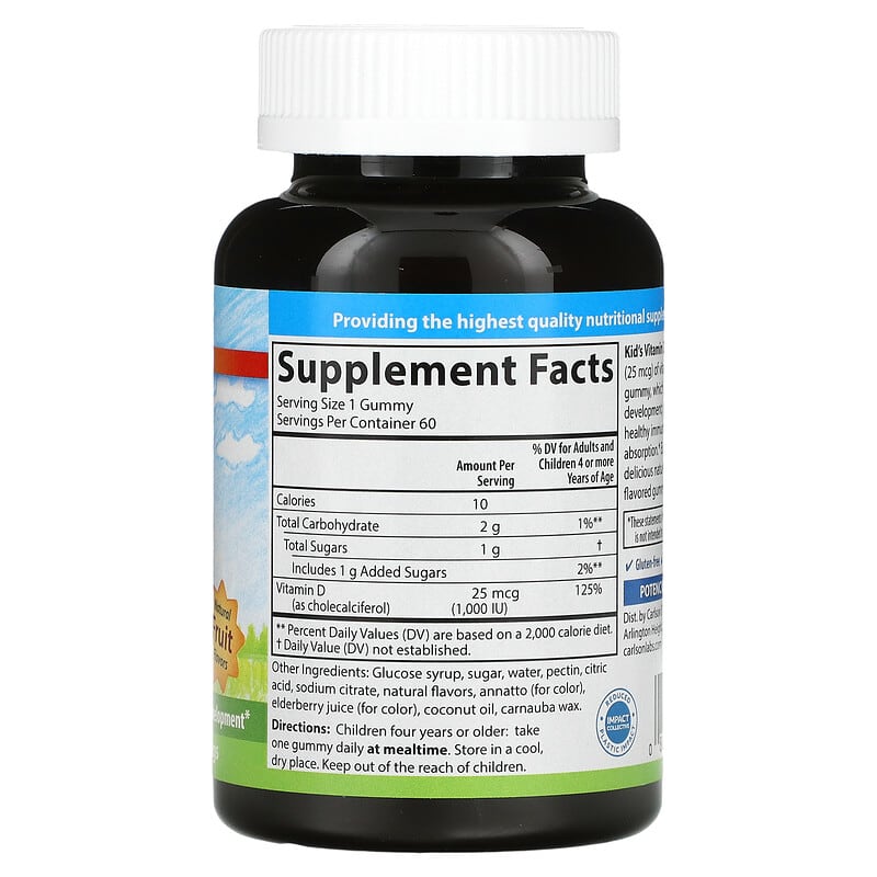 Carlson, Kid's, Vitamin D3 Gummies, Natural Fruit, 25 mcg (1,000 IU), 60 Vegetarian Gummies 88395494307