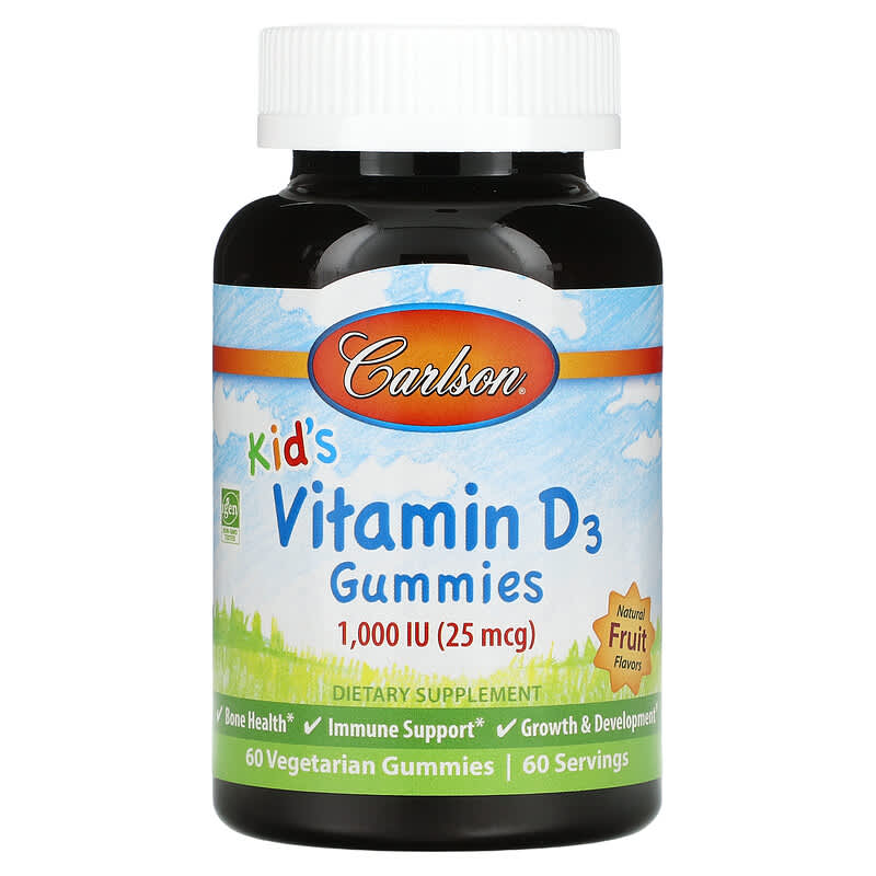 Carlson Kid's Vitamin D3 Gummies Natural Fruit 25 mcg (1,000 IU) 60 Vegetarian Gummies 88395494307