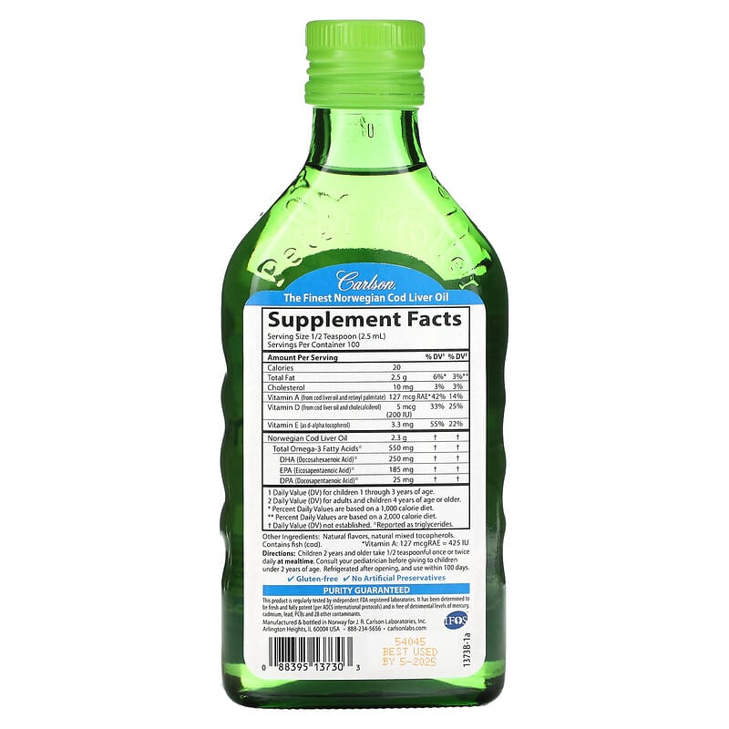 Carlson, Kids Cod Liver Oil, Natural Green Apple , 550 mg, 8.4 fl oz (250 ml) 88395137303