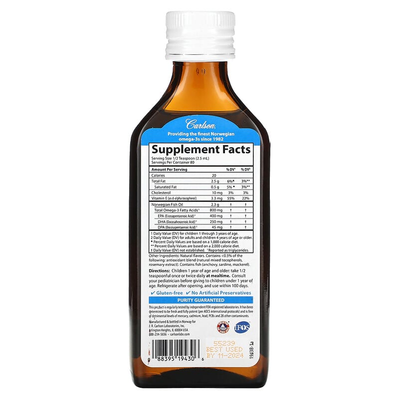 Carlson, Kids Norwegian, The Very Finest Fish Oil, Just Peachie, 800 mg, 6.7 fl oz (200 ml) 88395194306