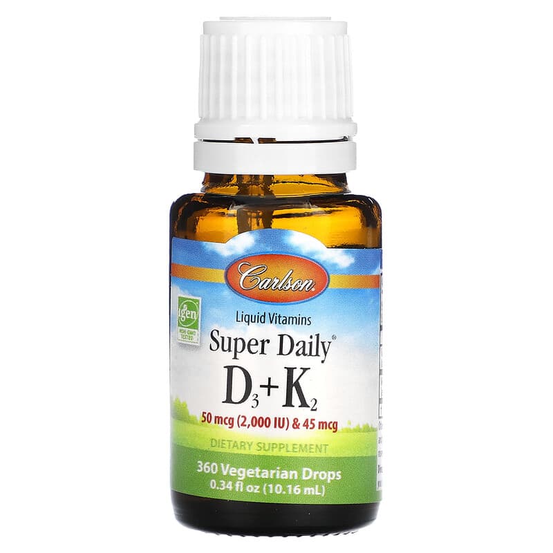 Carlson, Liquid Vitamins, Super Daily D3+K2, 25 mcg (1,000 IU) & 22.5 mcg, 360 Vegetarian Drops, 0.34 fl oz (10.16 ml) 88395105005
