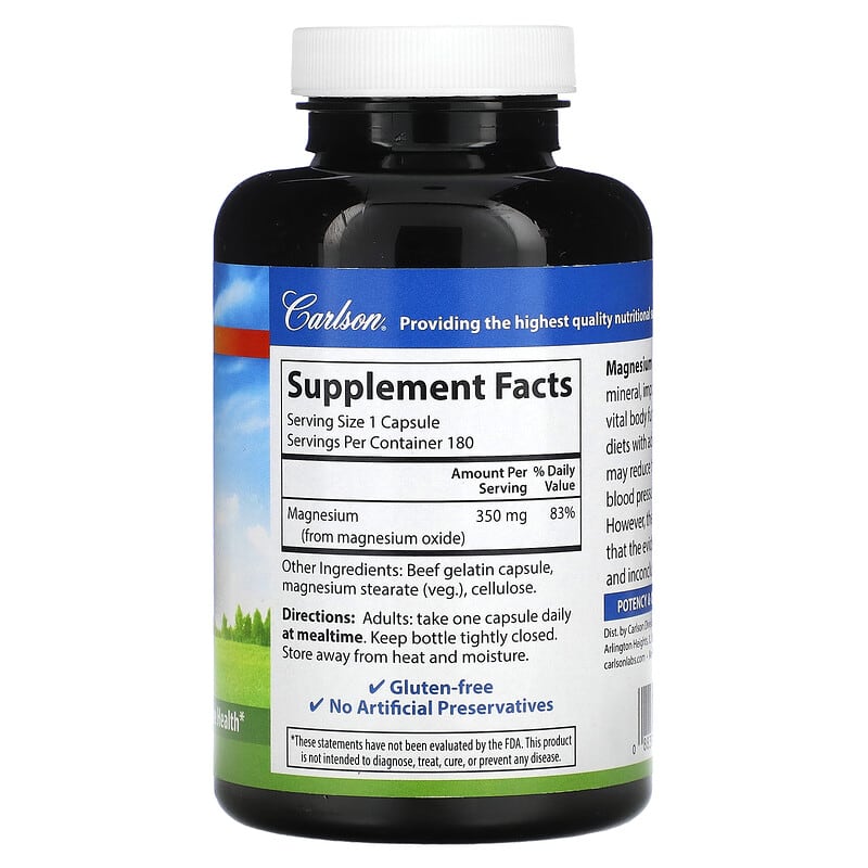 Carlson, Magnesium, 350 mg, 180 Capsules 88395052224