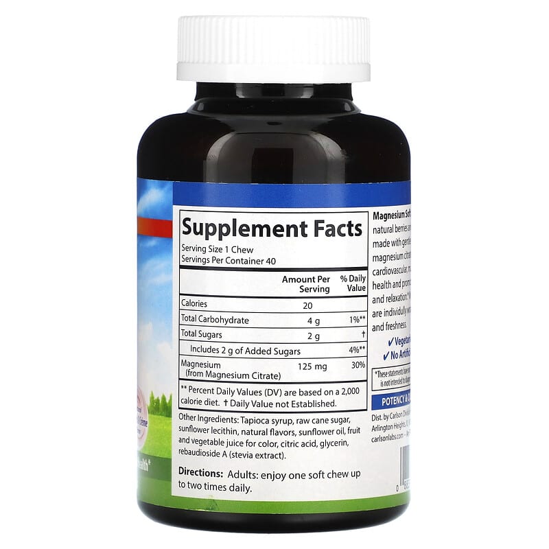 Carlson, Magnesium, Natural Berries & Creme, 125 mg, 40 Vegetarian Soft Chews 88395580604