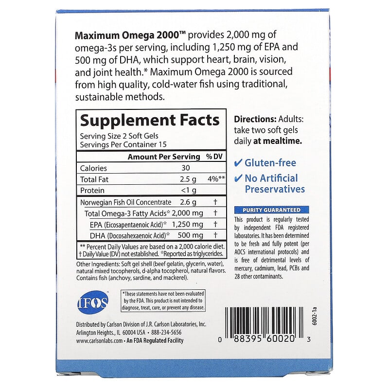 Carlson, Maximum Omega 2000, Natural Lemon Flavor, 1,000 mg, 30 Softgels 88395600203