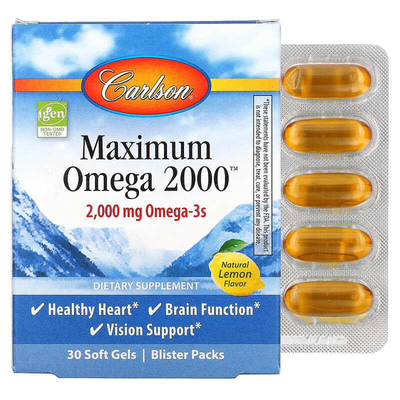 Carlson Maximum Omega 2000 Natural Lemon Flavor 1,000 mg 30 Softgels 88395600203