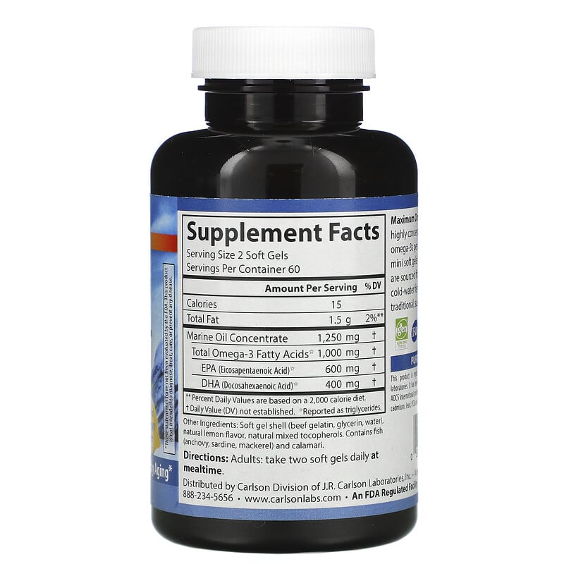 Carlson, Maximum Omega Minis, Natural Lemon Flavor, 500 mg, 120 Mini Softgels 88395184604