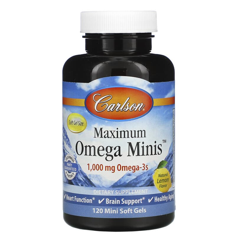 Carlson Maximum Omega Minis Natural Lemon Flavor 500 mg 120 Mini Softgels 88395184604